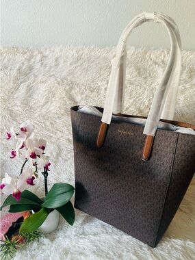 Michael Kors Brown MK ExtraLarge Logo Tote with Tan Trim